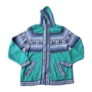 Peruvian KISS MY ALPACA Wool‎ Zip Sweater Jacket Hooded Womens Sz L Nordic Print